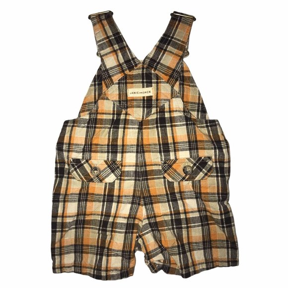 Janie & Jack Plaid Brown Orange Shortalls 3-6 Mo - Picture 5 of 7